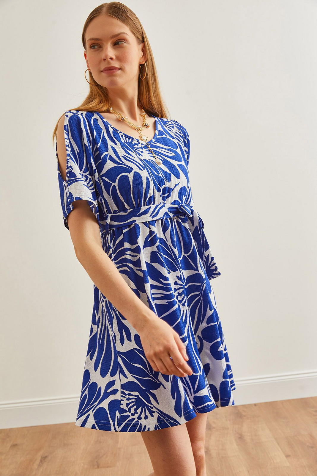 Olalook Women's Palm Saks Blue Shoulder Decollete Elastic Waist Belted Mini Dress