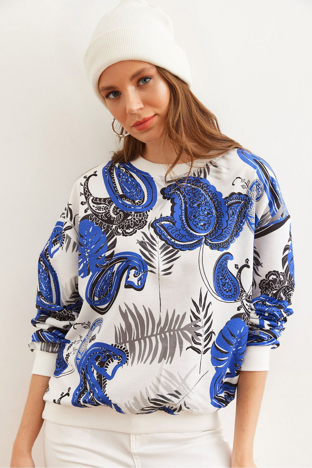 Olalook Women's Palm Tree Saks Blue Basic Soft Textured Casual Sweatshirt