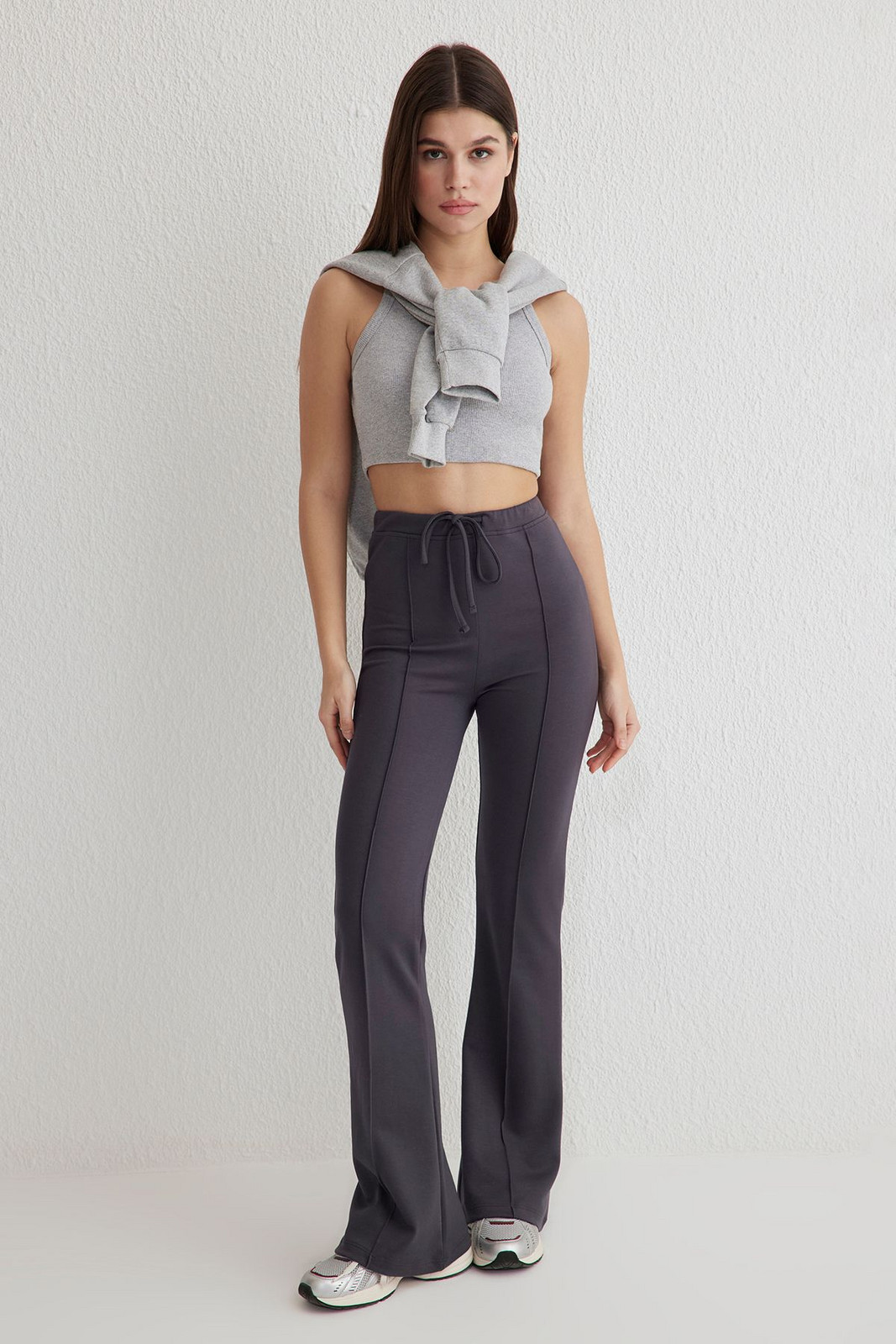 Trendyol Anthracite Binding Detailed Interlock Wide leg Flexible Knitted Trousers