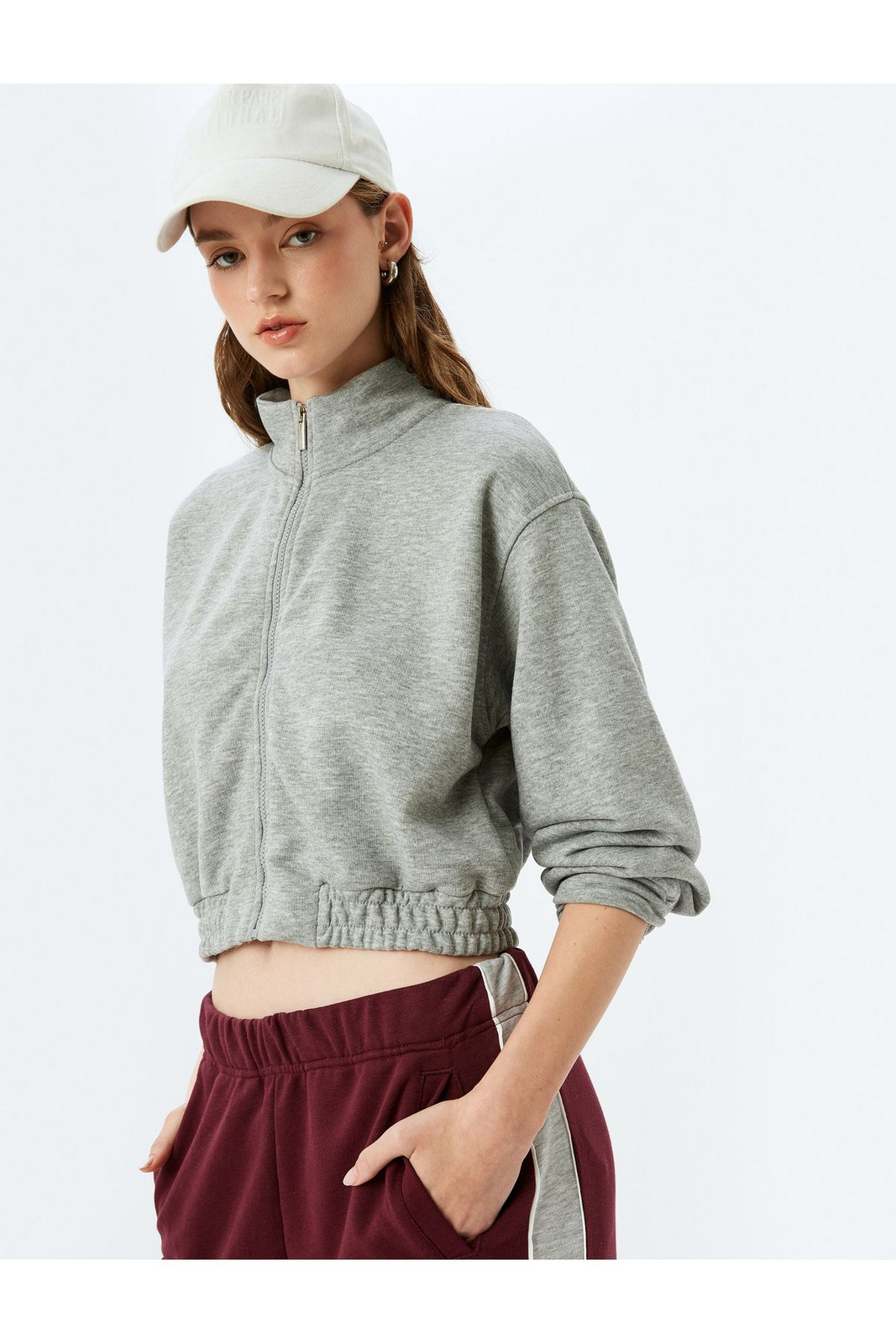 Koton Comfortable Fit Stand Collar Crop Zipper Sweatshirt