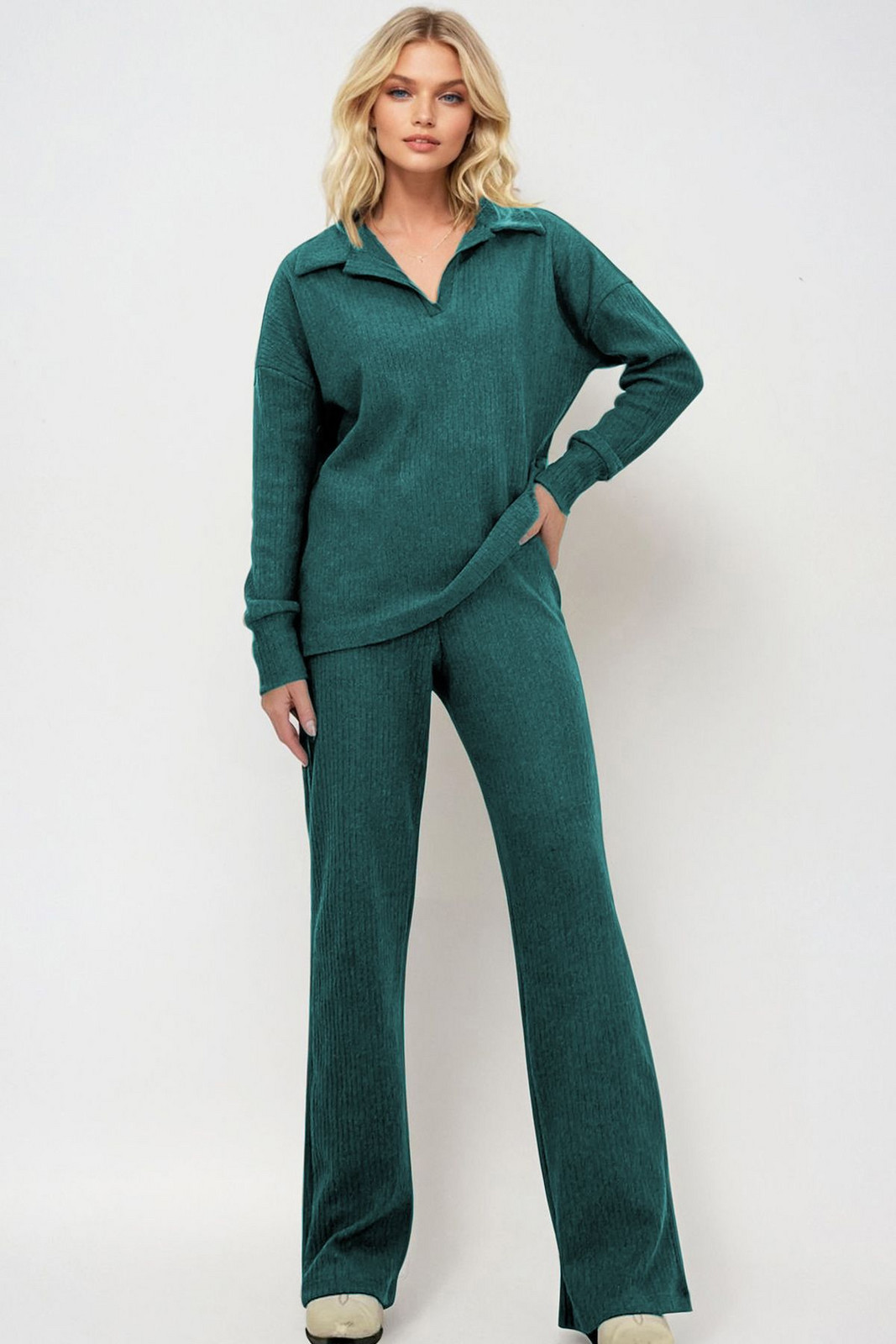 Trend Alaçatı Stili Women's Petrol Blue Polo Neck Top and Palazzo Pants Knitwear Bottom Top Set