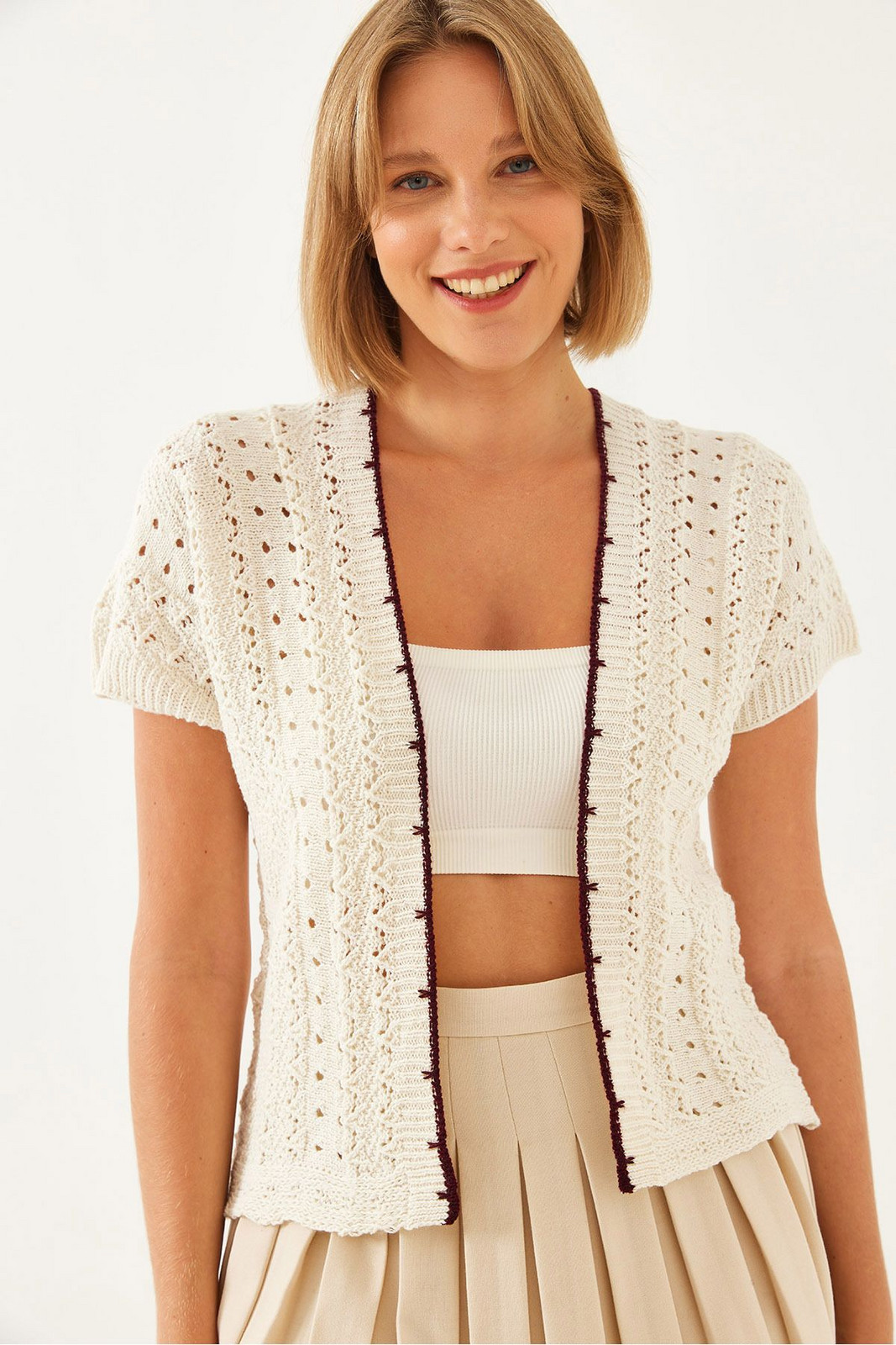 Bianco Lucci Women's Short Sleeve Openwork Knitted Cardigan