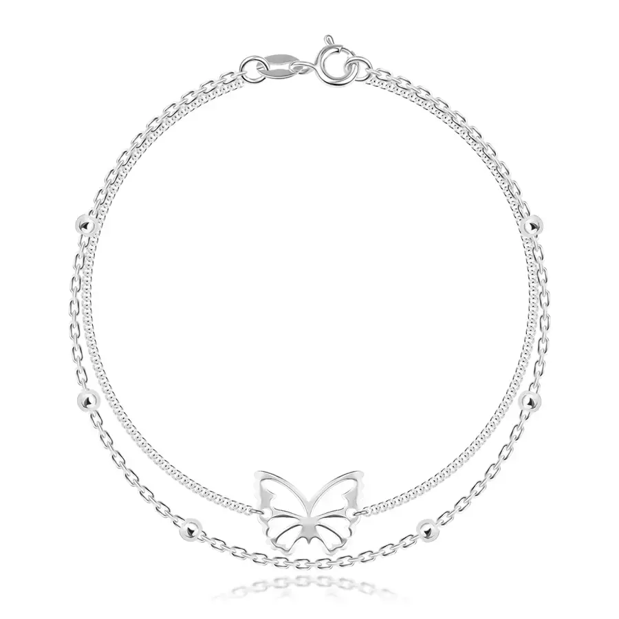 Strieborný 925 náramok - dvojitá retiazka, motýľ s vyrezávanými krídlami