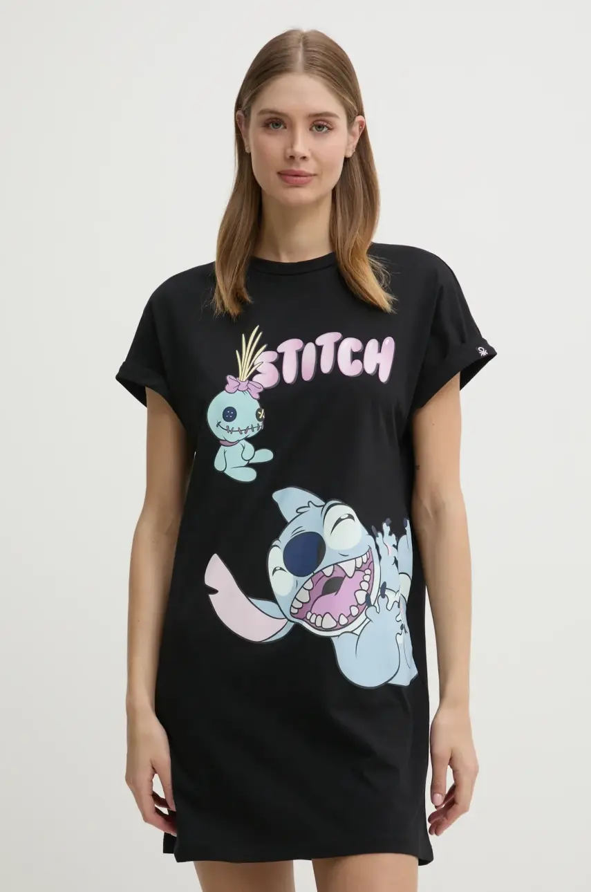 Bavlnená nočná košeľa United Colors of Benetton LILO&STITCH čierna farba, bavlnená, 30963C01E