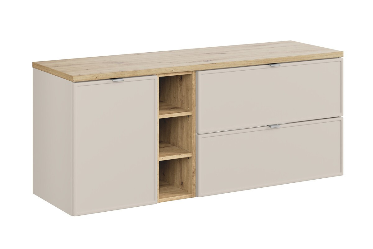 Závěsná skříňka Bella Cashmere s deskou 140 cm kašmír/dub artisan