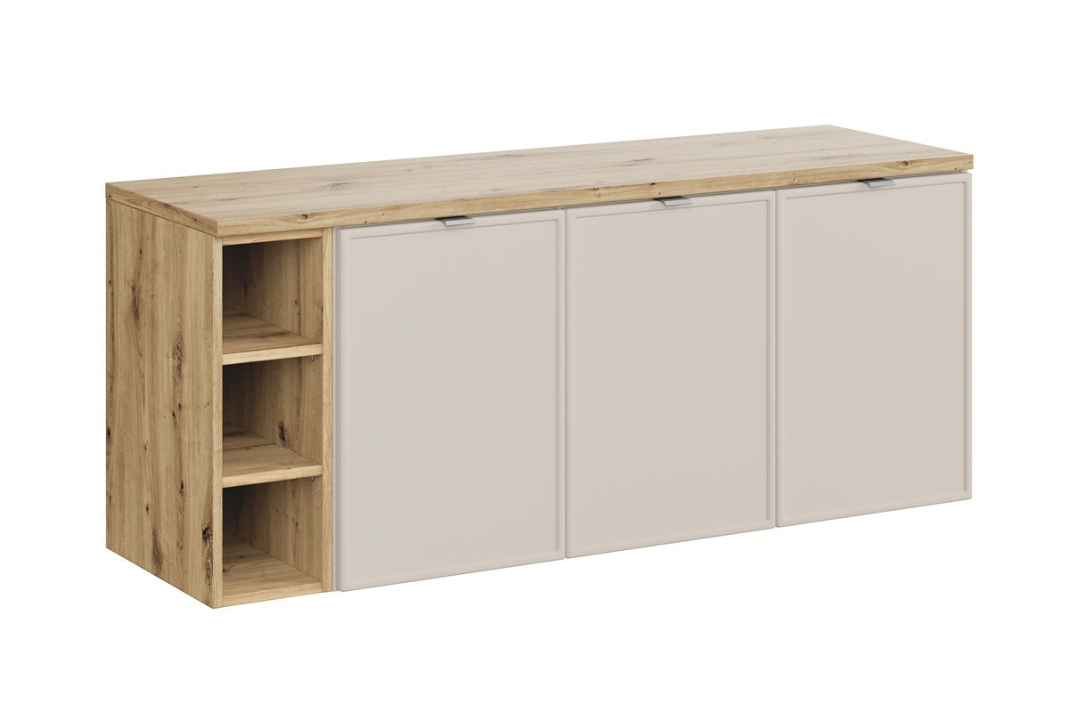 Závěsná skříňka Bella Cashmere s deskou 140 cm kašmírová/dub artisan