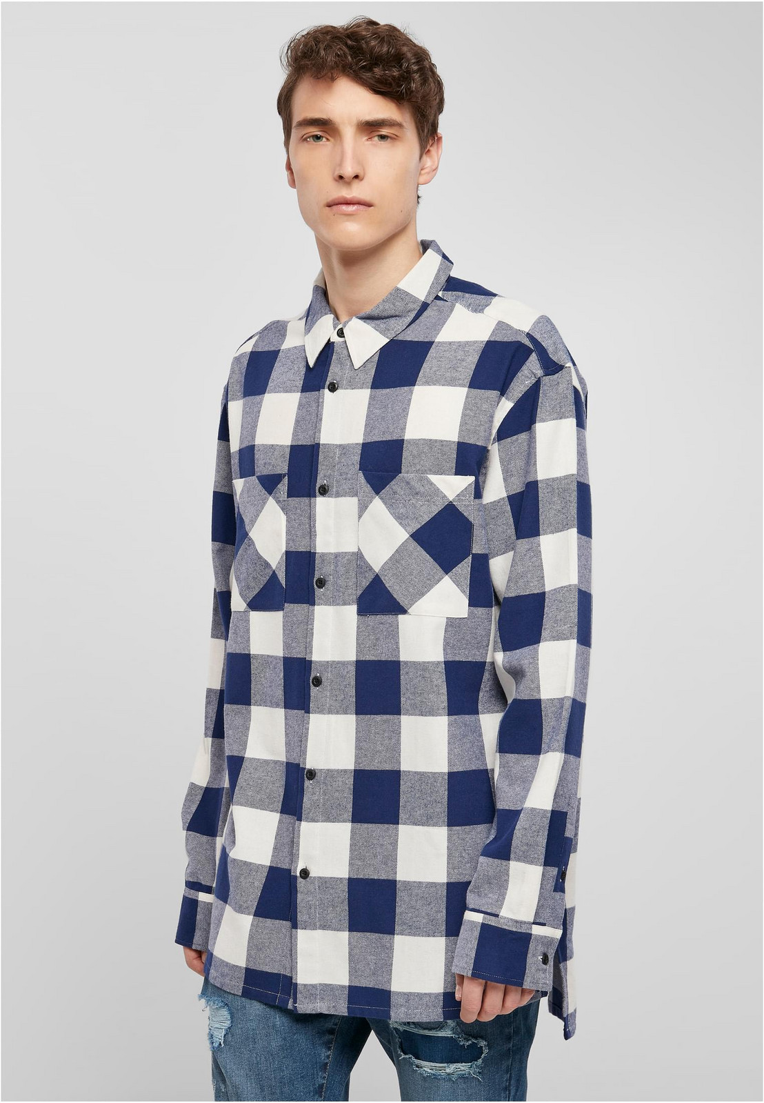 Long oversized checkered shirt navy blue/cream