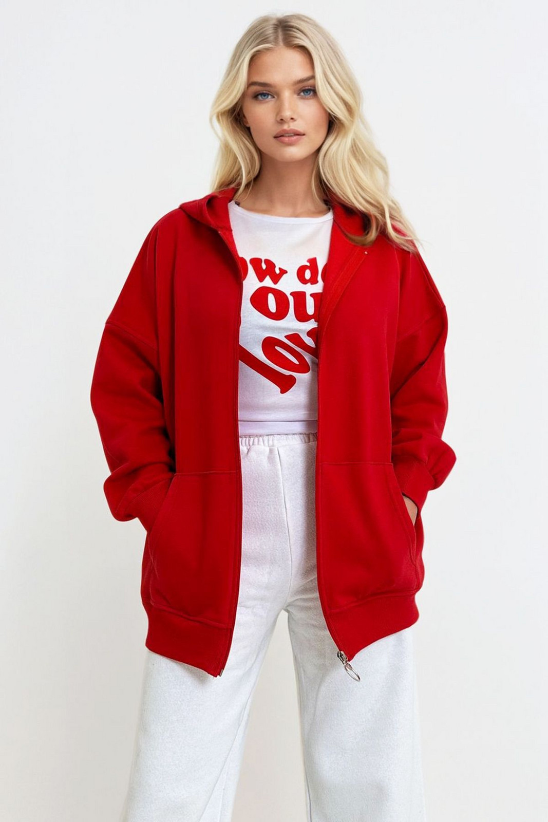 Trend Alaçatı Stili Women's Red Hooded Kangaroo Pocket Zippered Raised Sweatshirt
