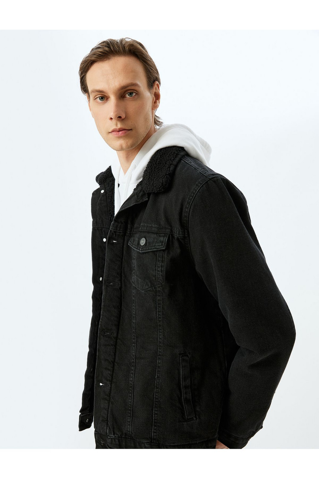 Koton Cotton Flap Pocket Plush Collar Detailed Denim Jacket