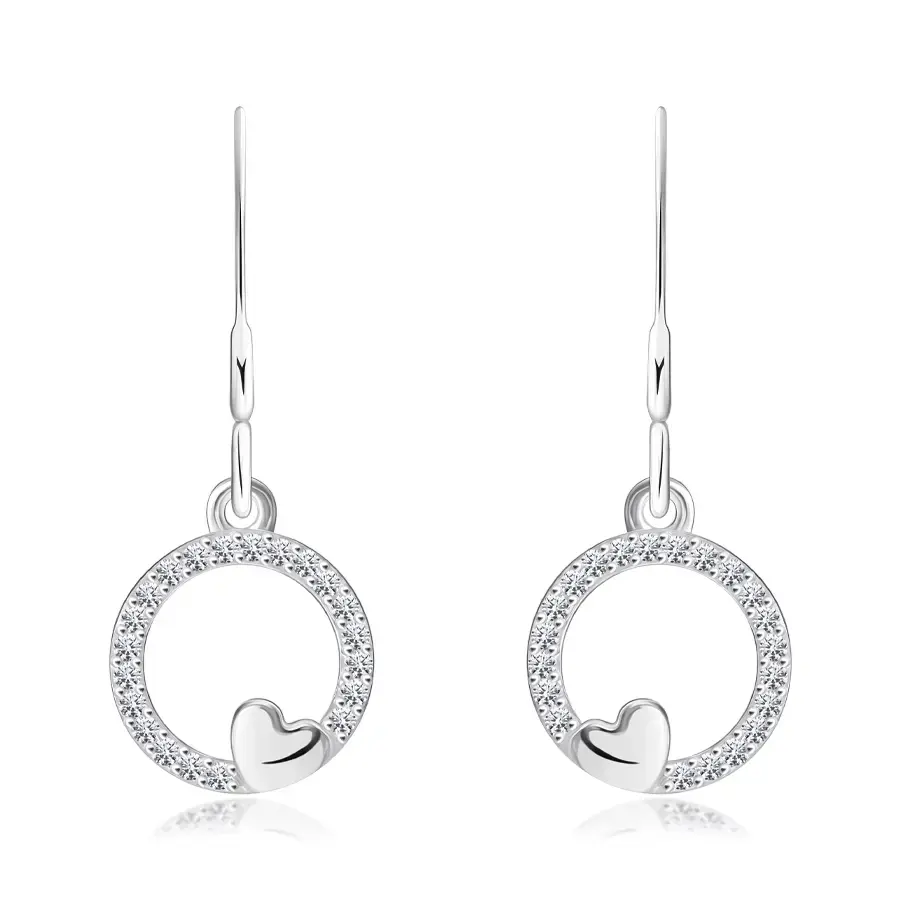 Strieborné náušnice 925 - zirkónový kruh, hladké srdiečko, afroháčik