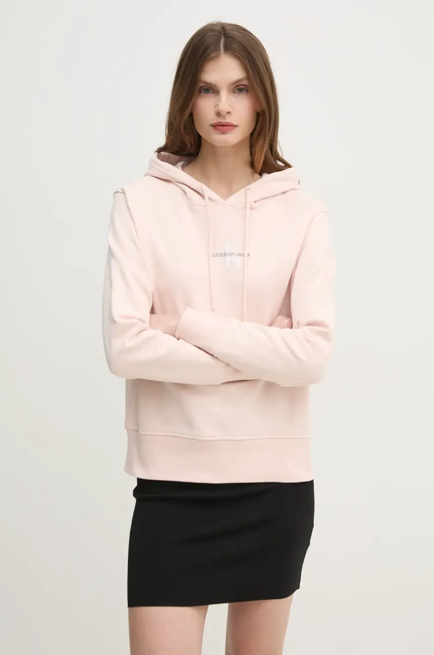 Mikina Calvin Klein Jeans dámska, ružová farba, s kapucňou, jednofarebná, J20J225358