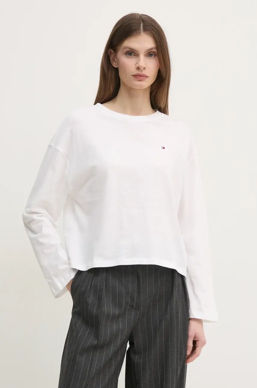 Bavlnené tričko s dlhým rukávom Tommy Hilfiger biela farba, UW0UW05948