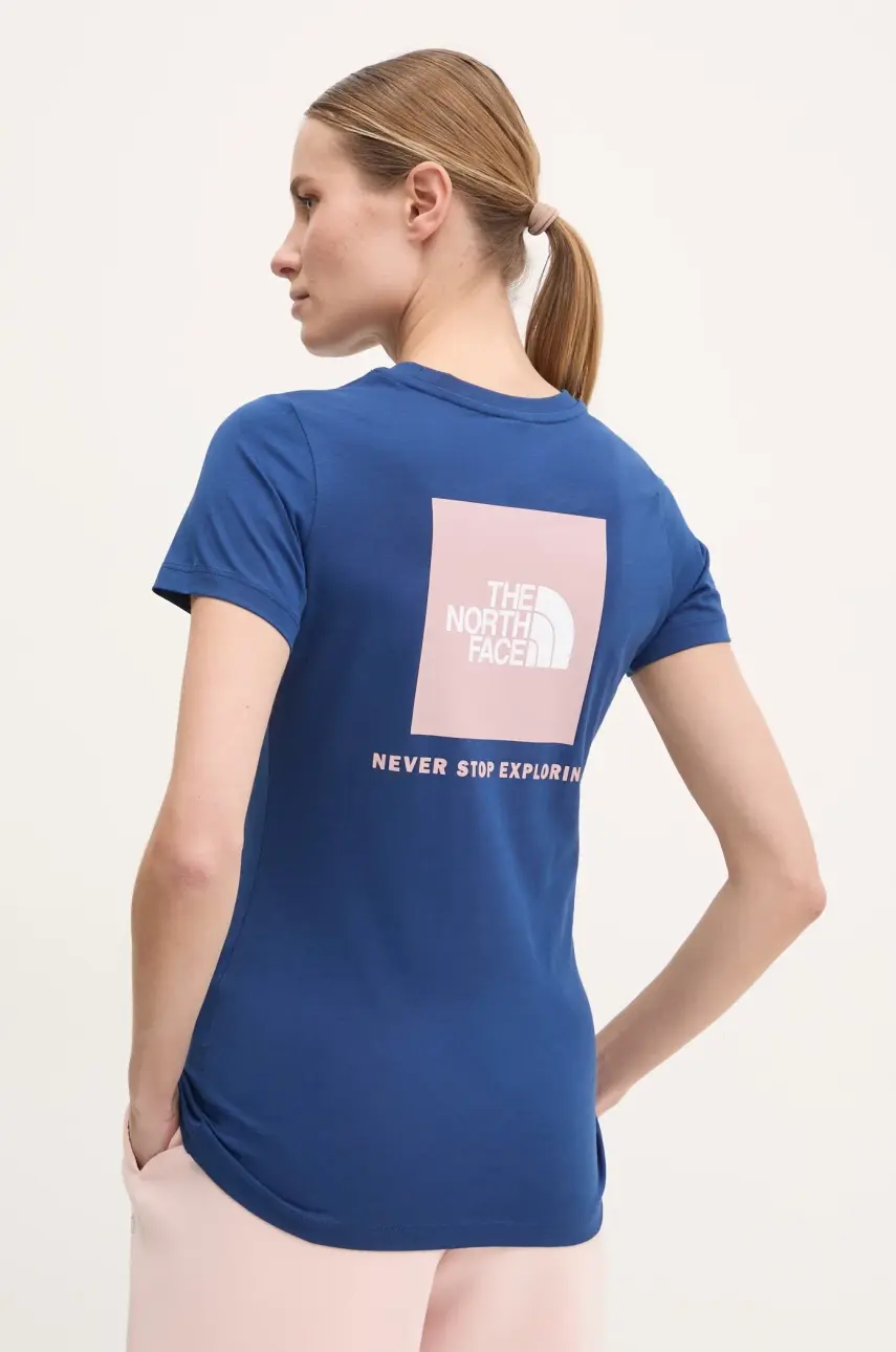 Bavlnené tričko The North Face Redbox Slim dámske, tmavomodrá farba, NF0A87NMB4O1
