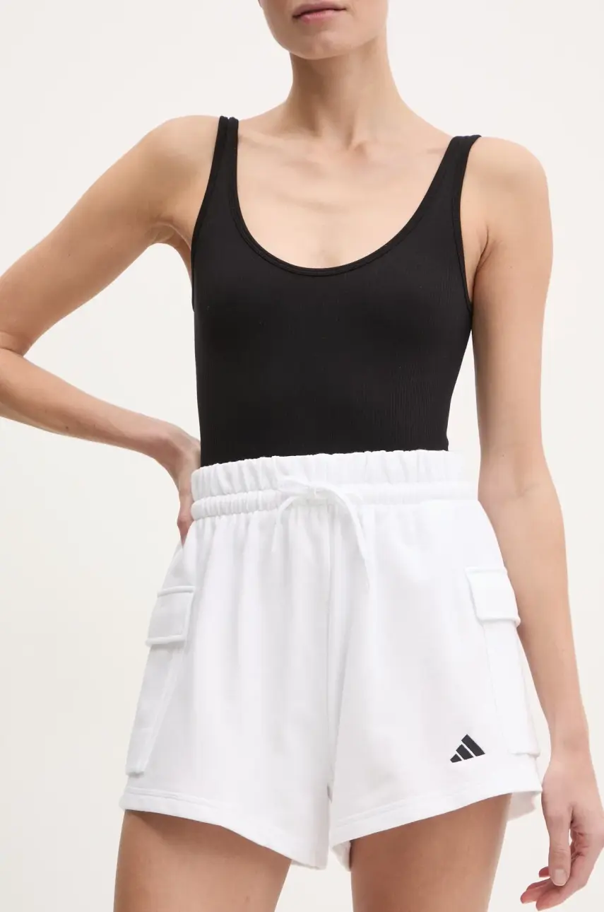 Šortky adidas Essentials dámske, biela farba, jednofarebné, vysoký pás, JD9945