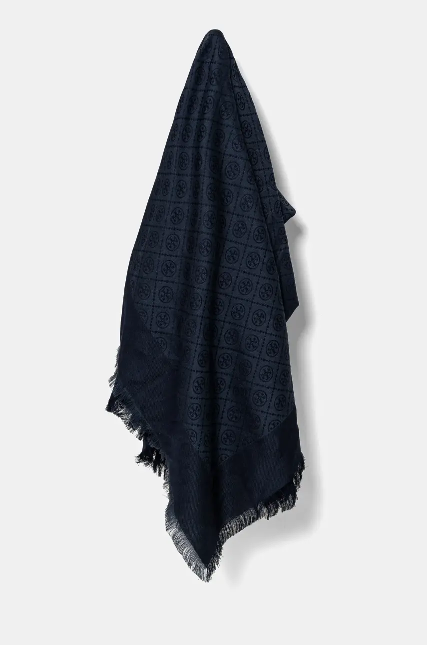 Šatka Tory Burch T Monogram Jacquard Traveler dámska, tmavomodrá farba, vzorovaná, 160570-405