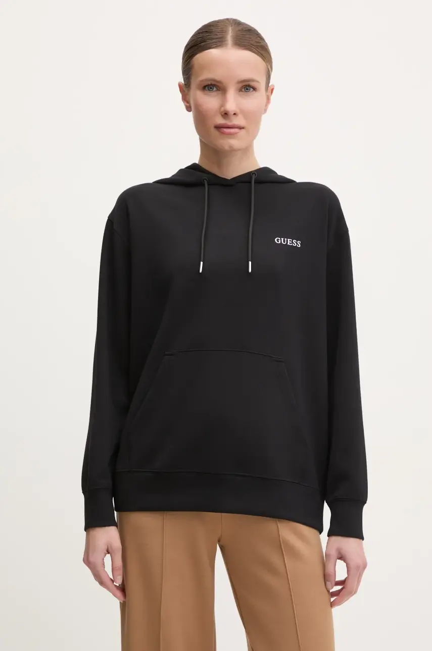 Mikina Guess GELSEY dámska, čierna farba, s kapucňou, jednofarebná, V5RQ18 KCOB2