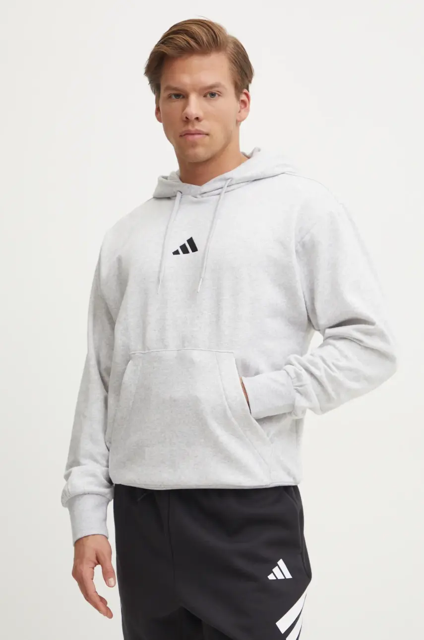 Mikina adidas Feelcozy pánska, šedá farba, s kapucňou, melanžová, JE3803