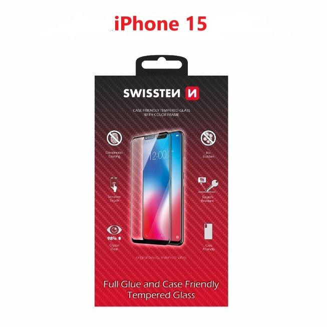 SWISSTEN SKLO FULL GLUE, COLOR FRAME, CASE FRIENDLY PRE APPLE IPHONE 15 ČIERNE