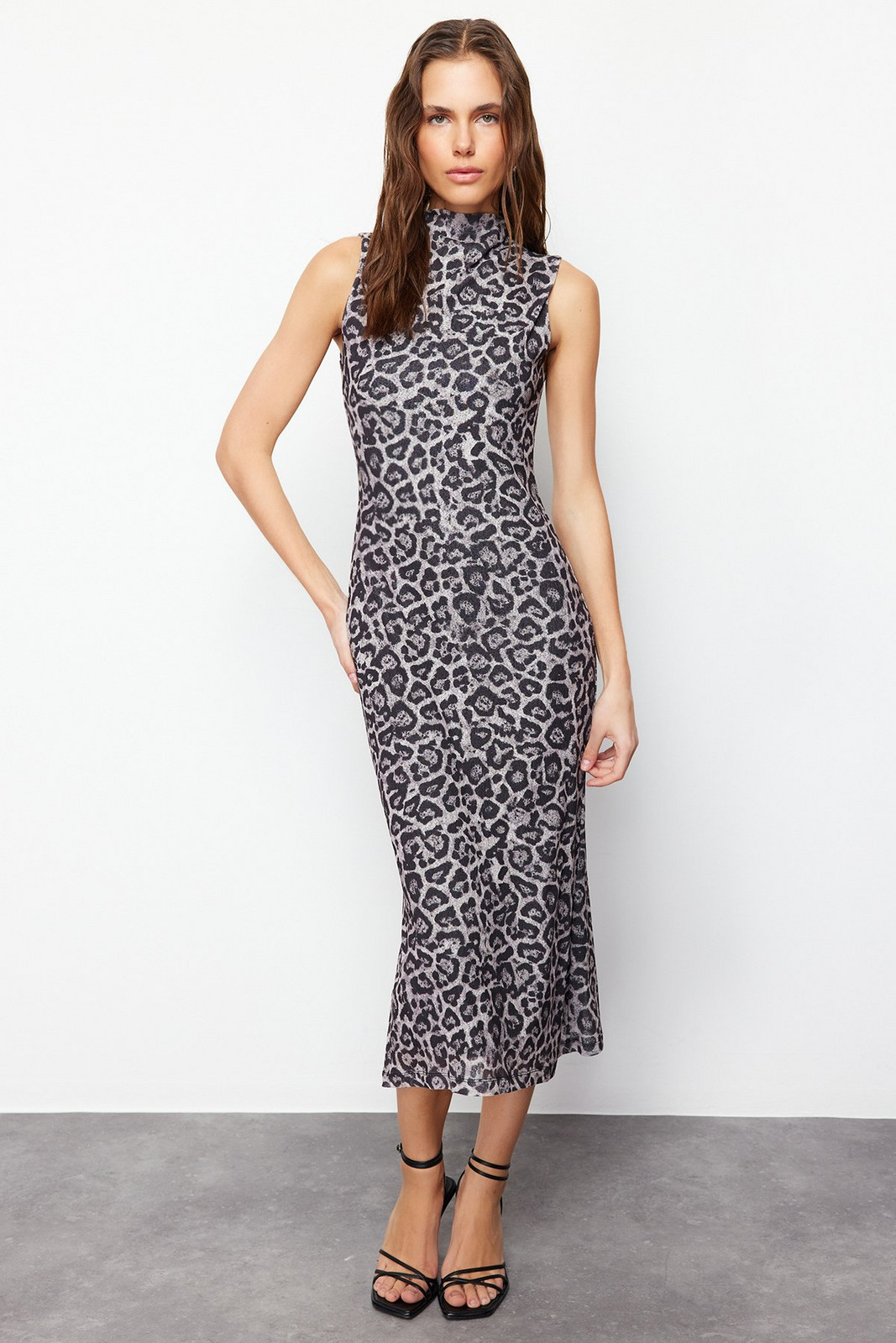Trendyol Anthracite Animal/Leopard Special Textured High Collar Zero Sleeve Flexible Knitted Midi Pencil Dress