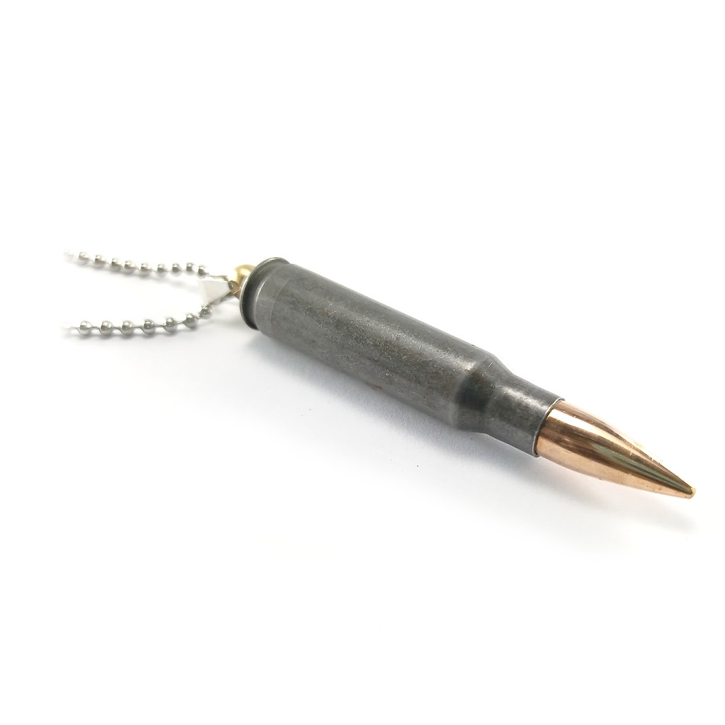 Náhrdelník s nábojom .308 Winchester a nerezovým remienkom - sivý-zlatý