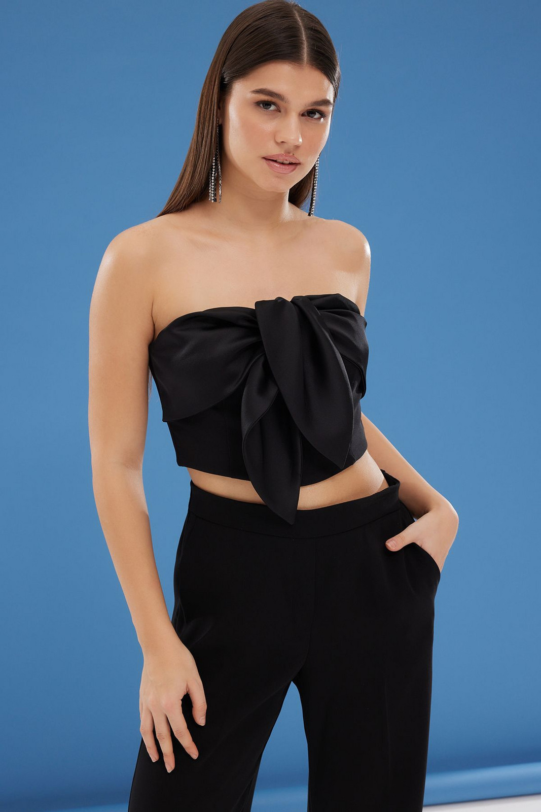 Trendyol Black Plain Strapless Sleeveless Bowknot Woven Finike Chic/Night Bustier