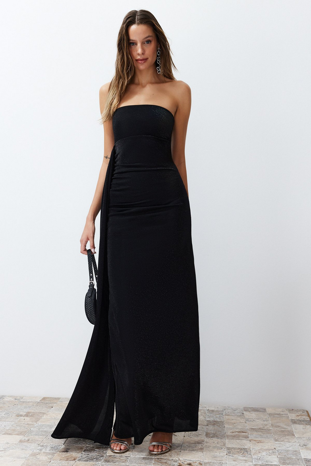 Trendyol Black Glitter Knitted Long Elegant Evening Dress