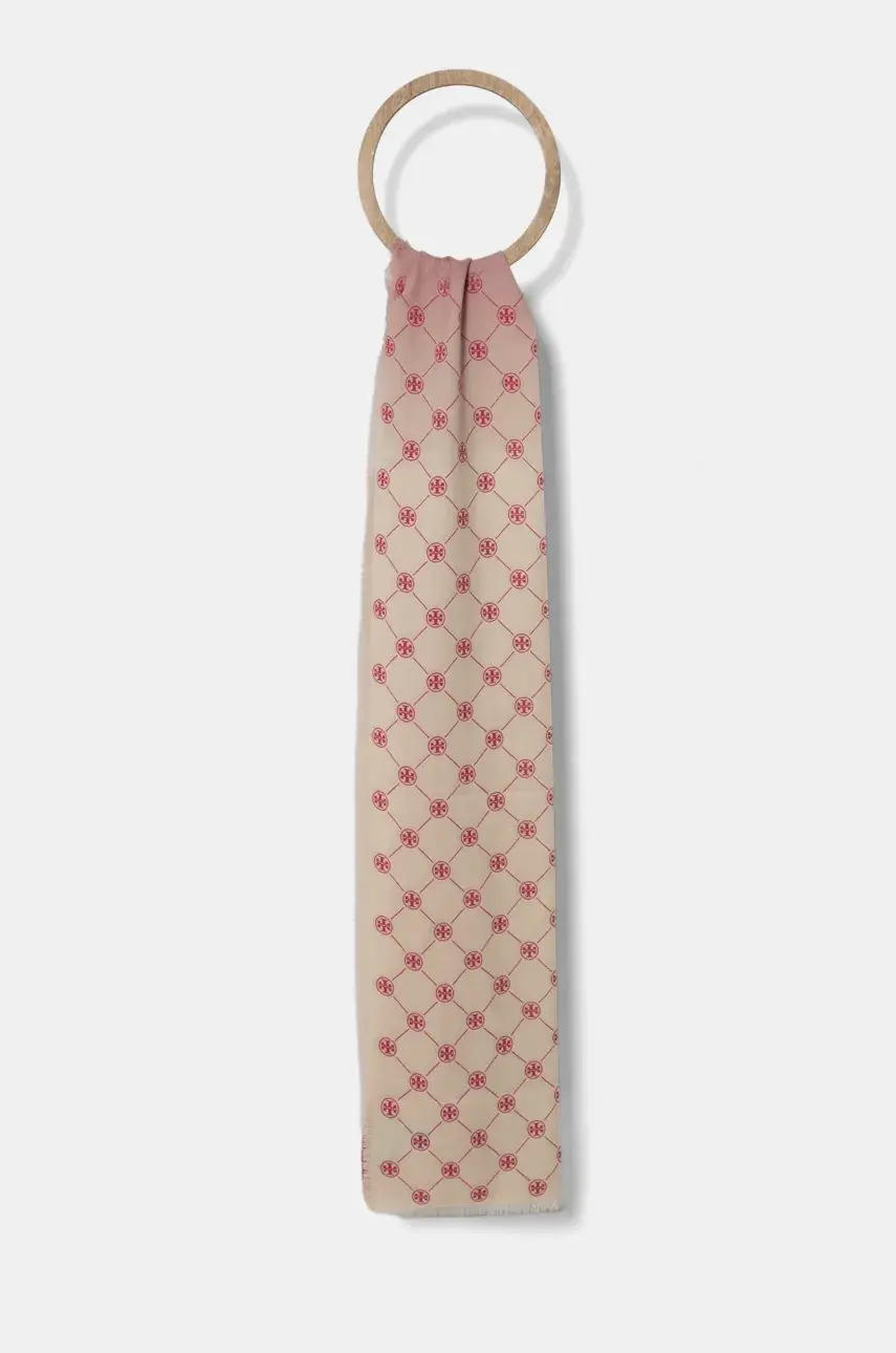 Vlnený šál Tory Burch T Monogram Oblong ružová farba, vzorovaný, 169645-650
