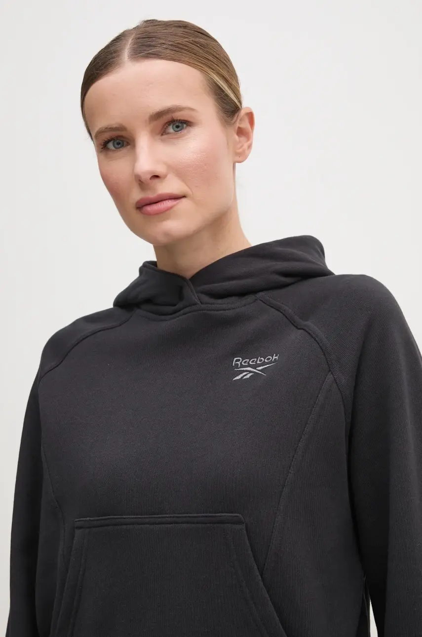 Bavlnená mikina Reebok Classic dámska, čierna farba, s kapucňou, jednofarebná, 100214101