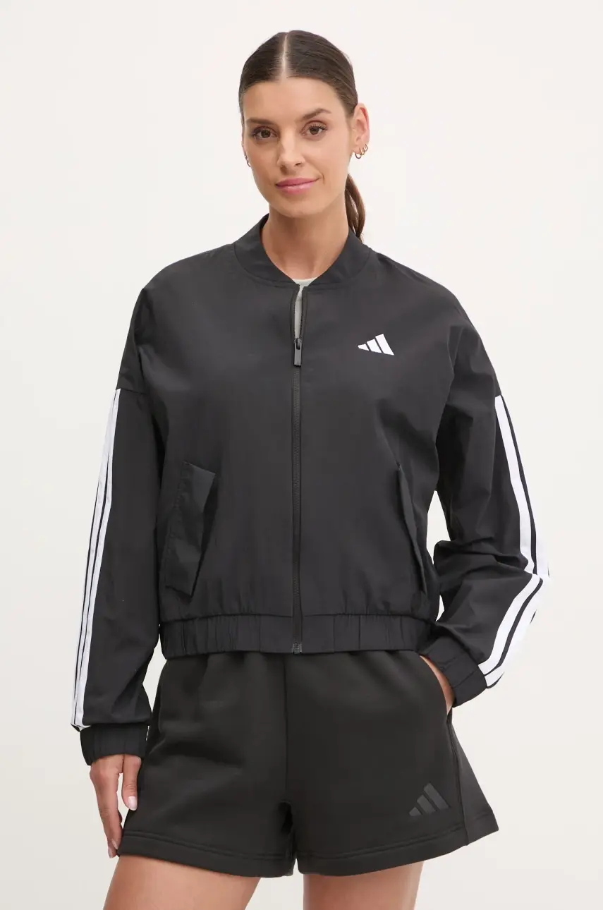 Bunda adidas Essentials dámska, čierna farba, prechodná, oversize, JD5317