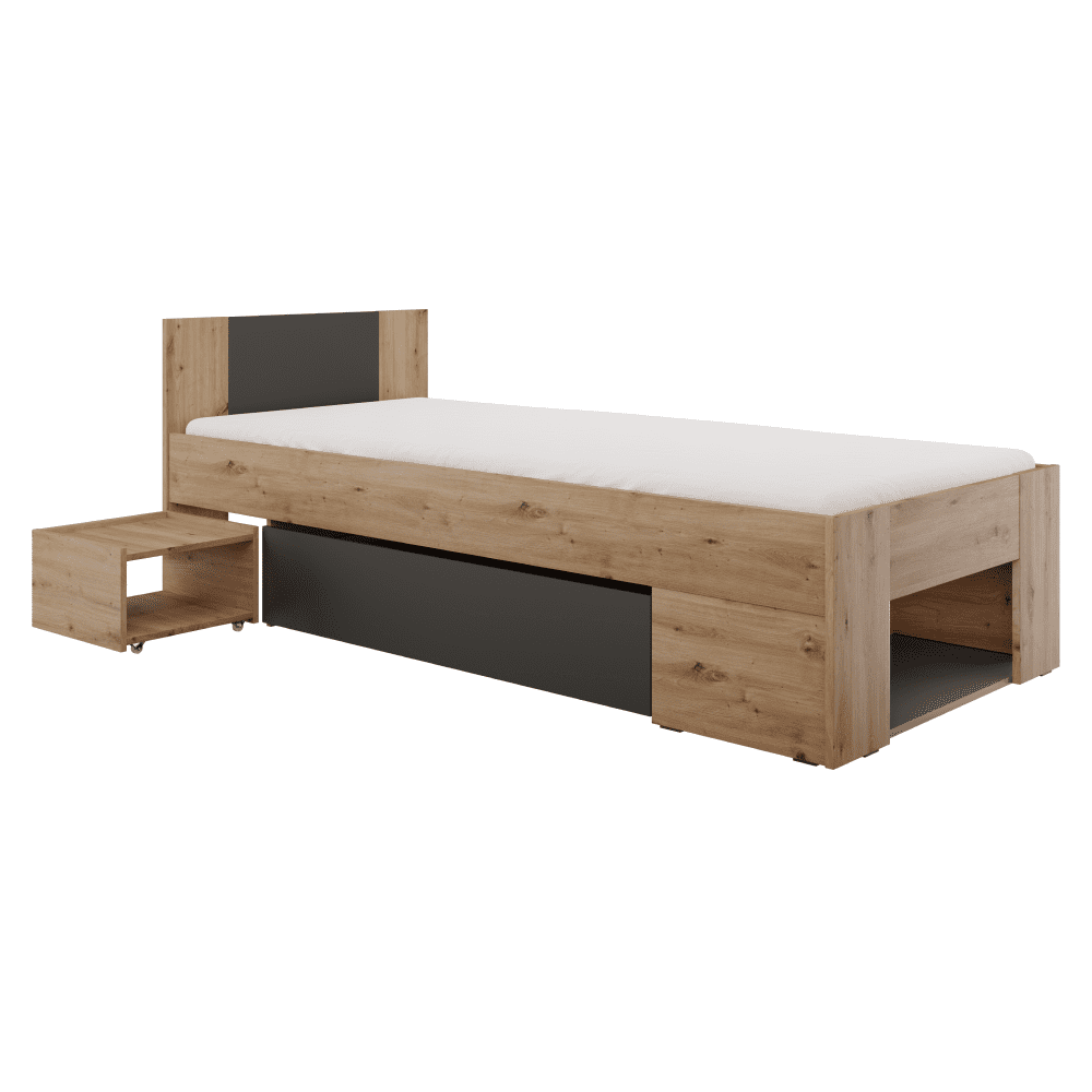 Posteľ s úložným priestorom, 90x200, dub artisan/antracit, UNIS