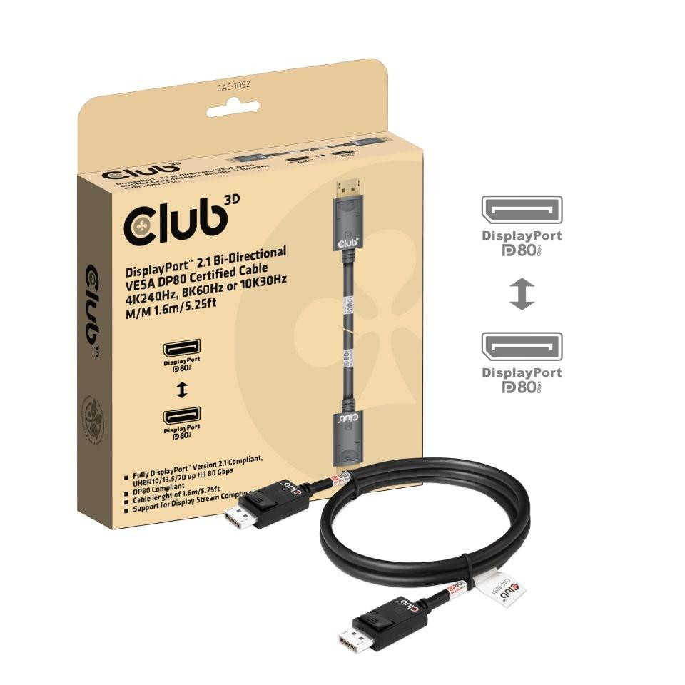 Club3D Kábel DisplayPort 2.1 na DisplayPort 2.1, VESA DP80, 4K240Hz/8K60Hz/10K60Hz (M/M), 1.6m, čierna