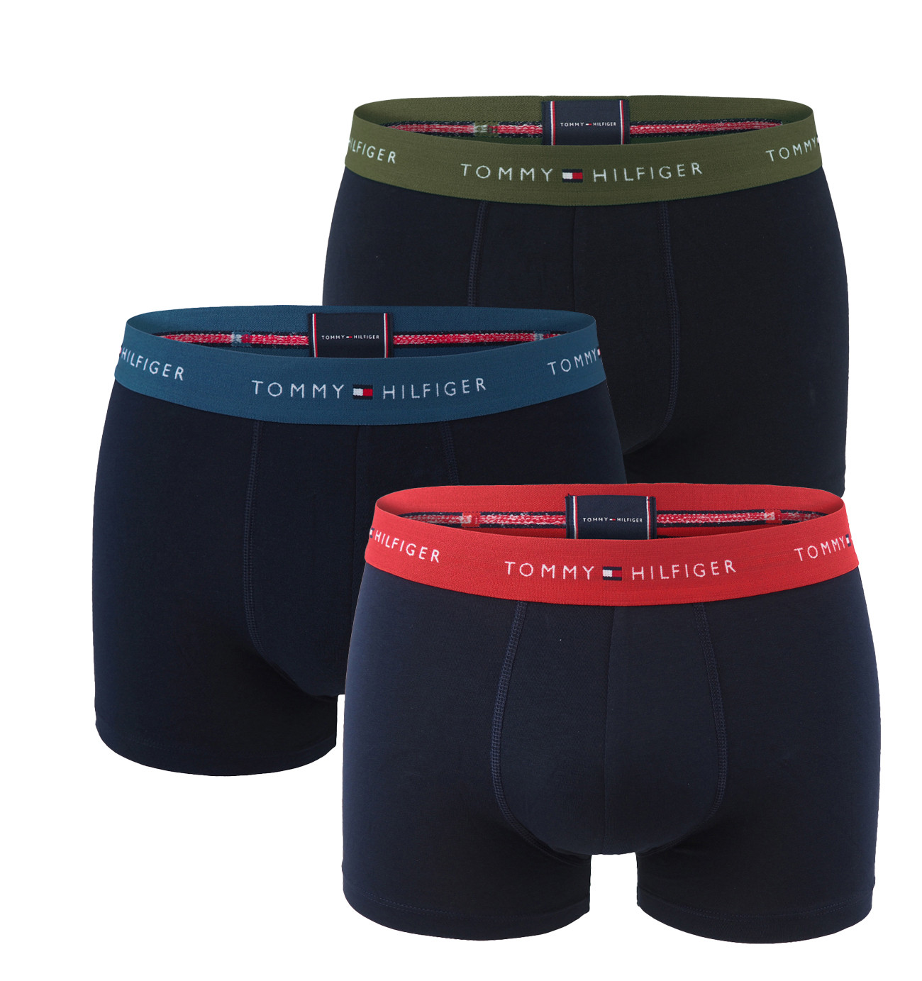 TOMMY HILFIGER - boxerky 3PACK signature cotton essentials dark color with indigo & olive waist - limitovaná edícia