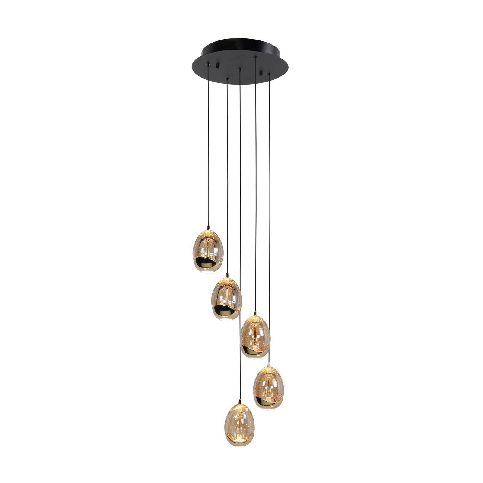Závesné svietidlo Golden Egg, jantár/zlato Ø 30 cm 5 svetiel sklo/kov