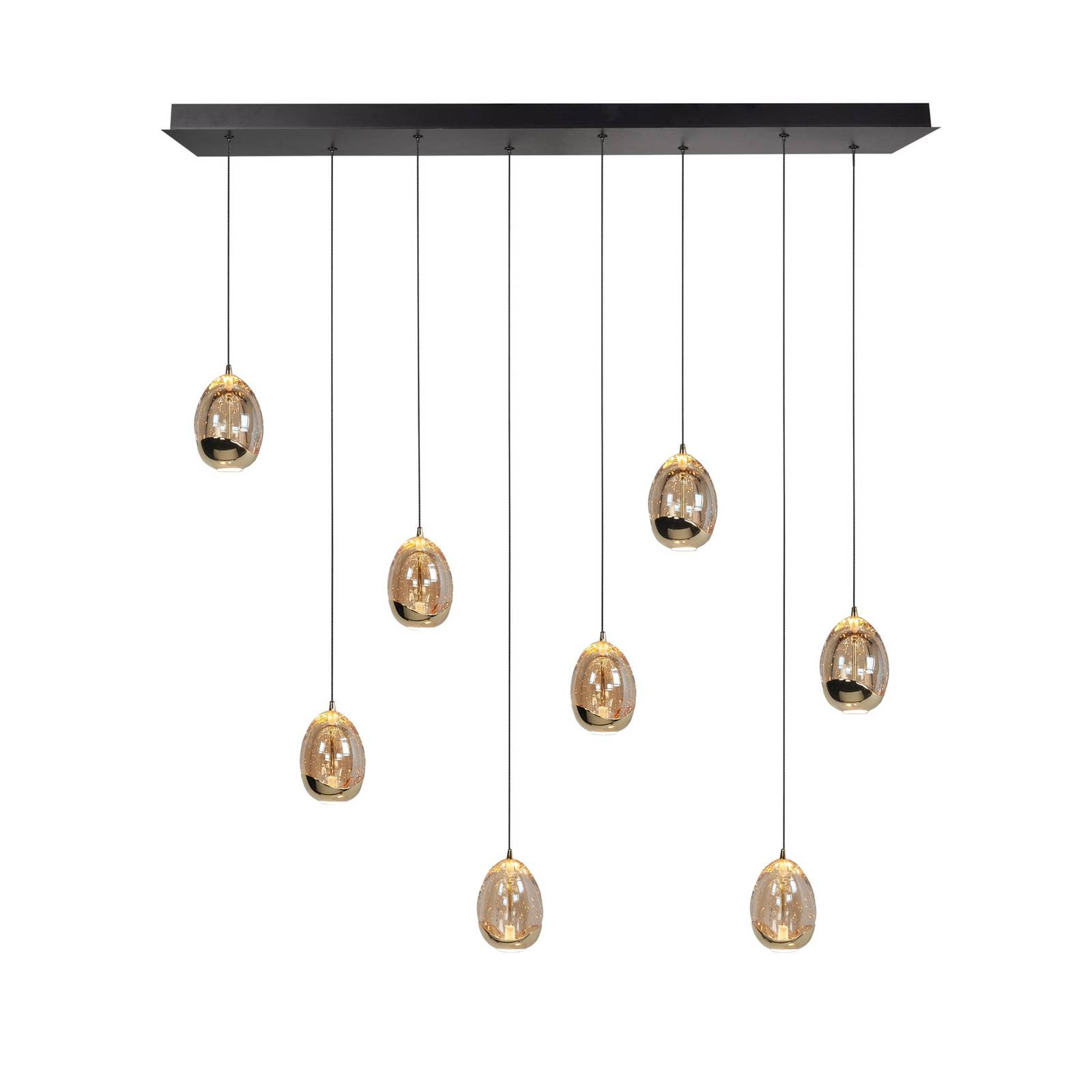 Závesné svietidlo Golden Egg, jantárovo-zlatá farba, dĺžka 115 cm, 8-svetelné