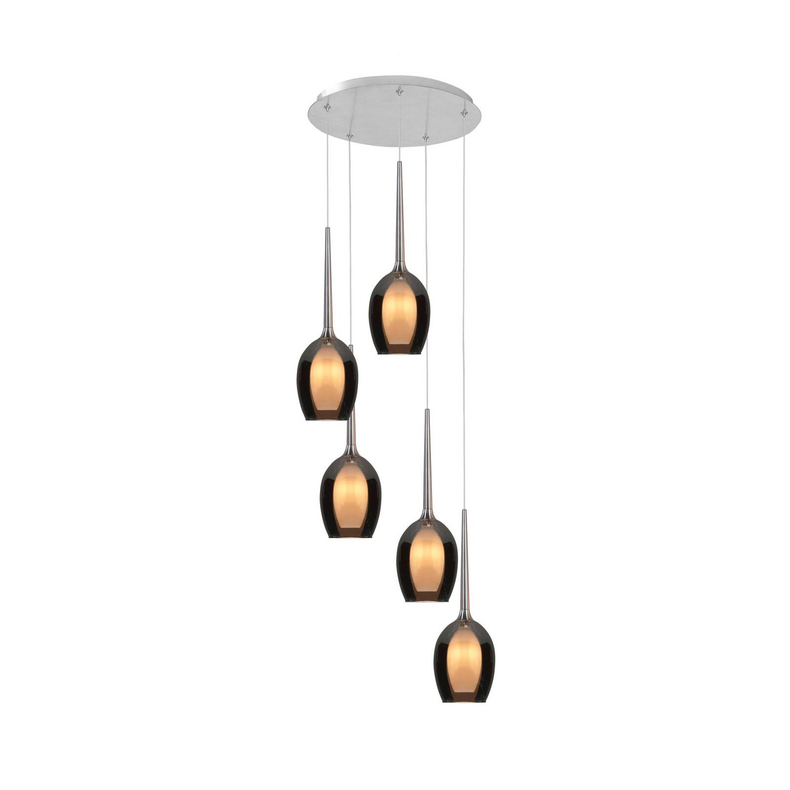 Závesná lampa Belle, dymovo sivá/niklová, Ø 33 cm, 5 svetiel, sklo