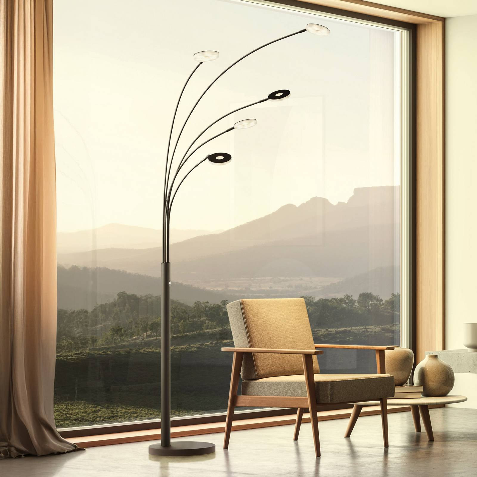 LED stojacia lampa Dent, čierna, 225 cm, kov, CCT, 5 svetiel.