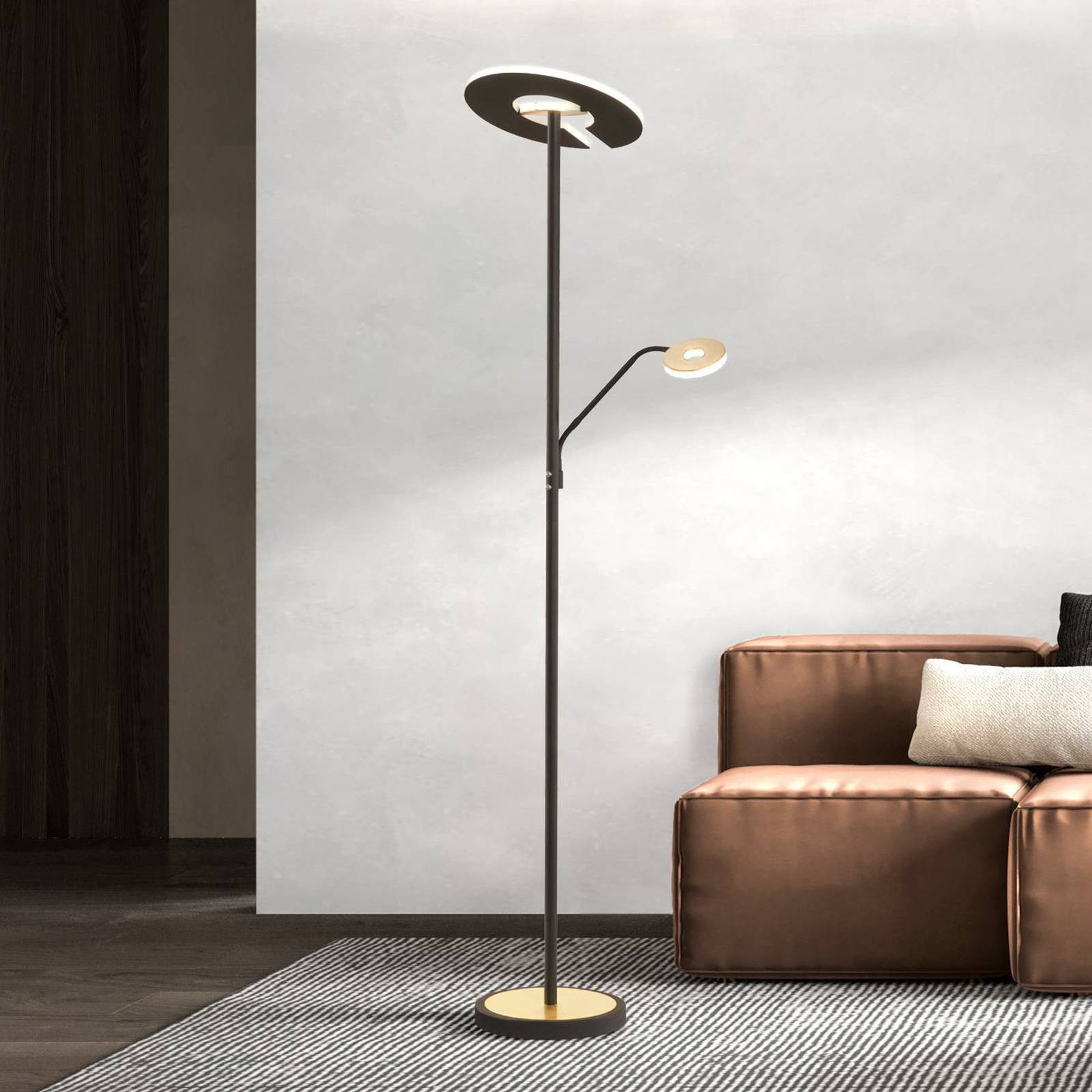 LED stojacia lampa Dent, čierna/zlatý list, 180 cm, CCT, 2 svetlá.