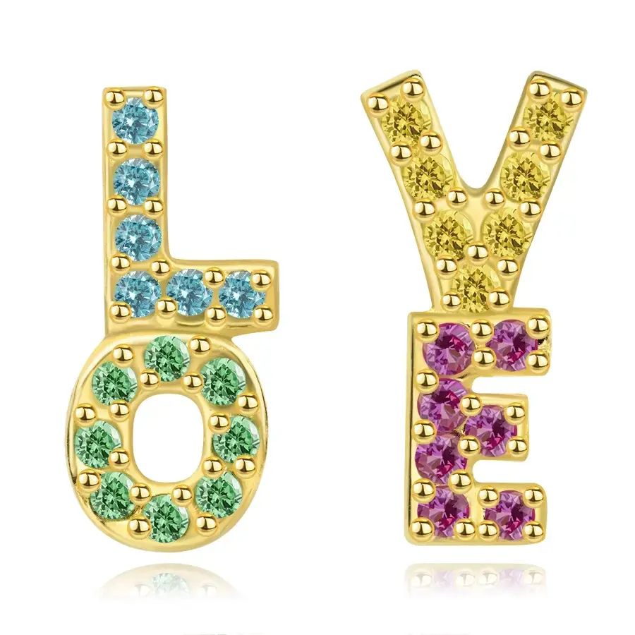 Náušnice zo žltého 9K zlata - nápis LOVE s farebnými zirkónmi, puzetky