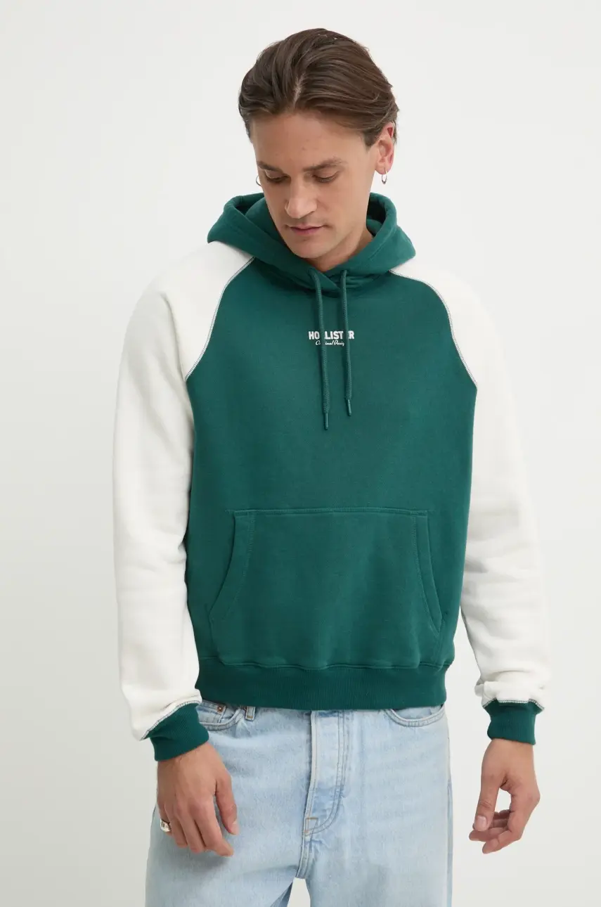 Mikina Hollister Co. pánska, zelená farba, s kapucňou, vzorovaná, KI322-5006