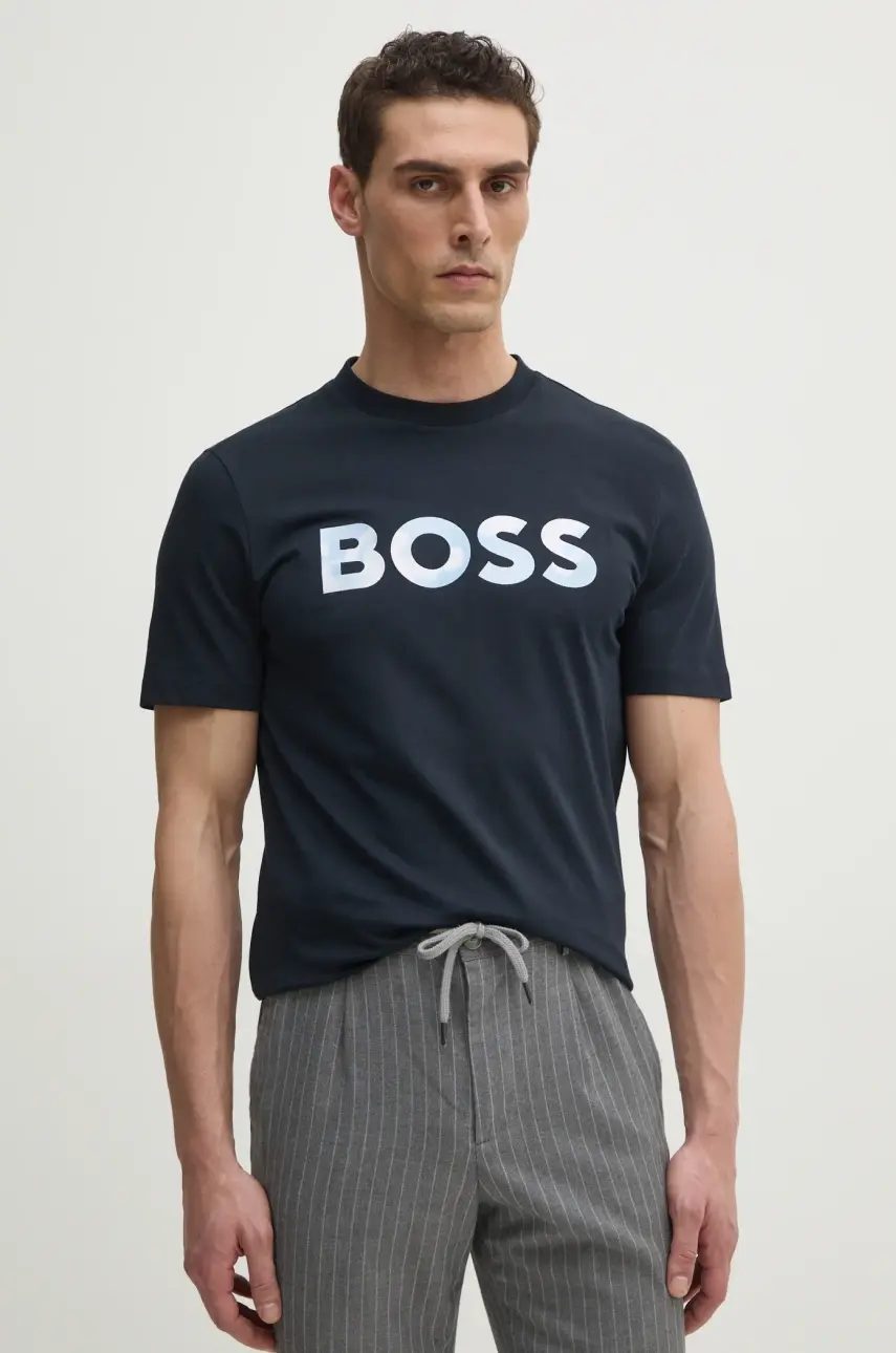 Bavlnené tričko BOSS pánske, tmavomodrá farba, s nášivkou, 50531309