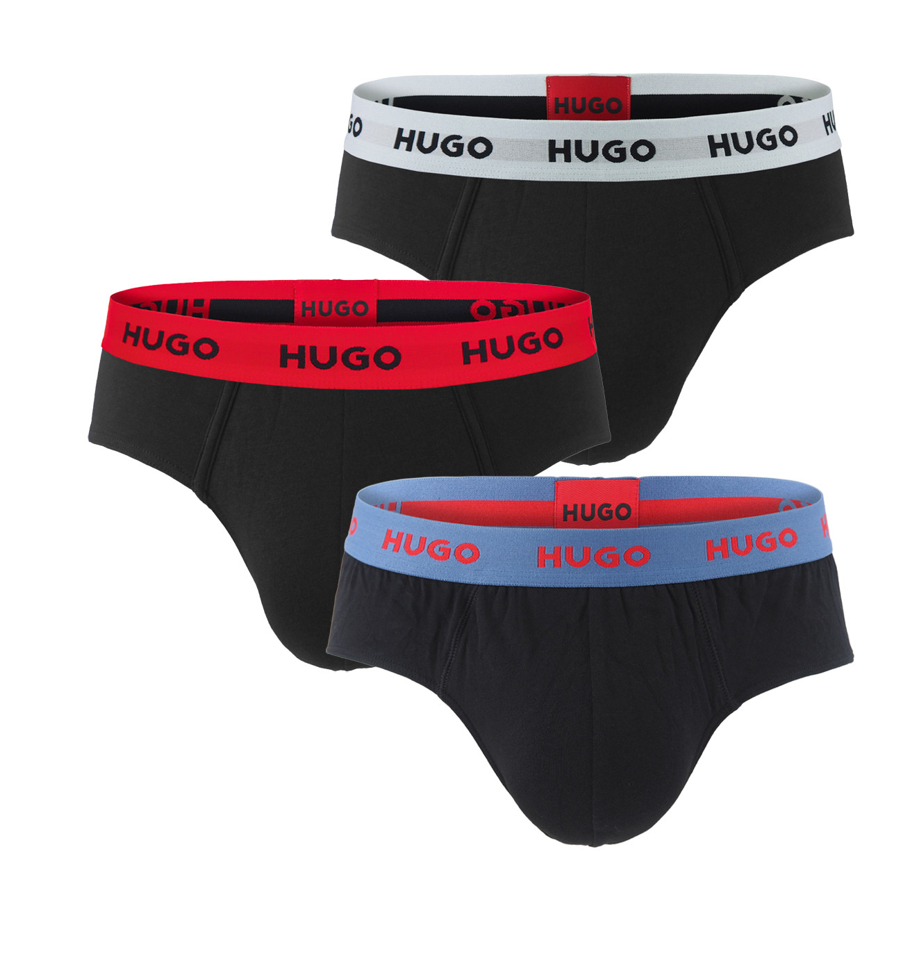 HUGO - slipy 3PACK cotton stretch black with modern blue & red color waist - limitovaná fashion edícia (HUGO BOSS)
