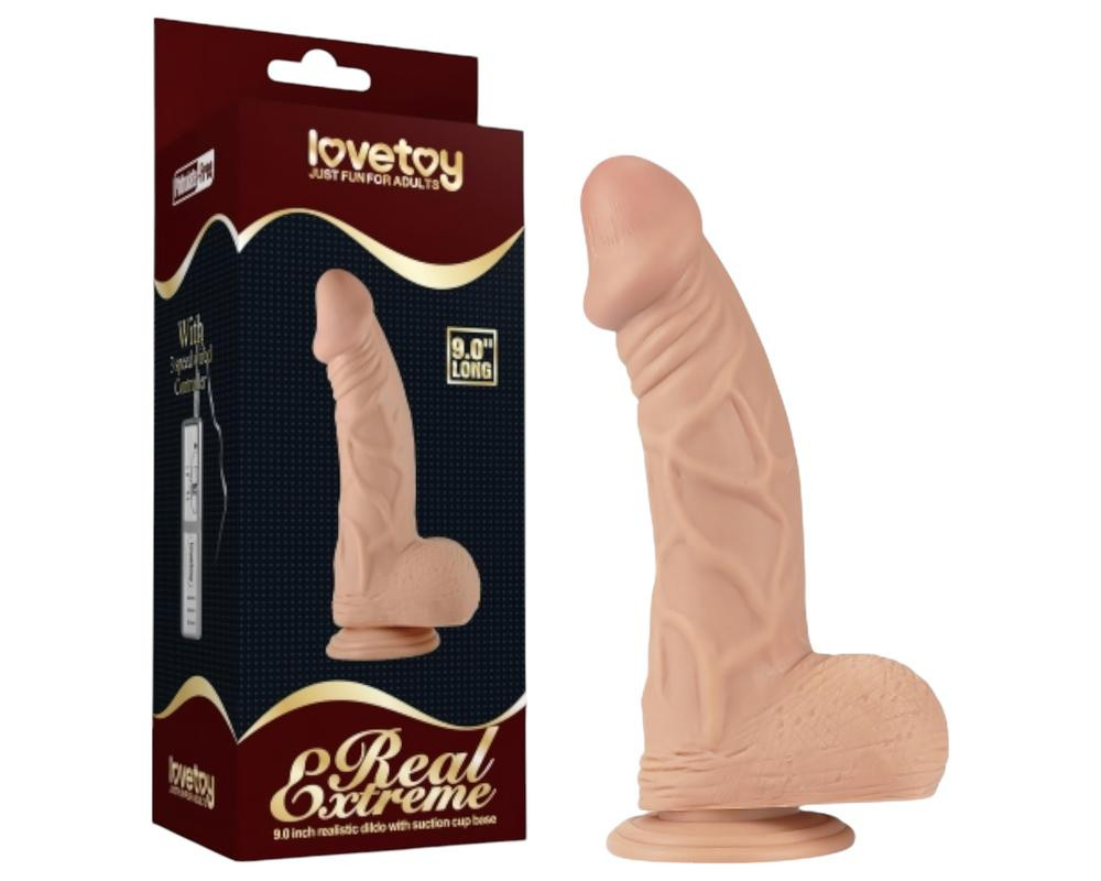 Lovetoy Real Extreme - prísavkový dildó s semenníkmi - 23 cm (prírodný)