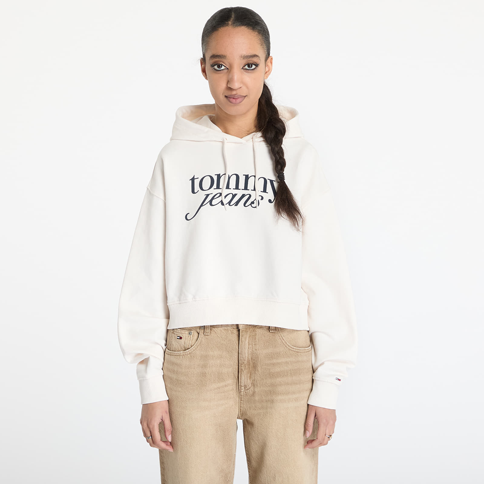 Mikina Tommy Jeans Relaxed Cropped Script Hoodie White XS
