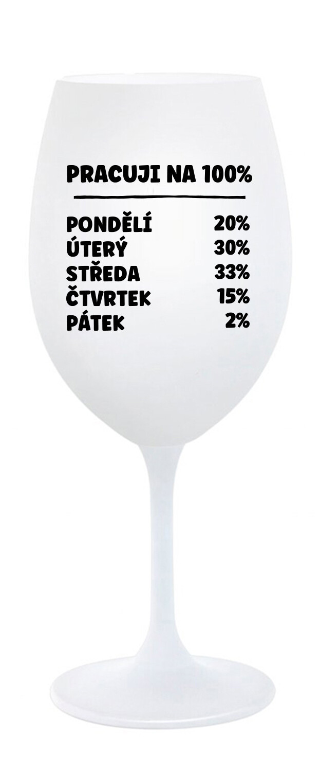 PRACUJI NA 100% - bílá  sklenice na víno 350 ml
