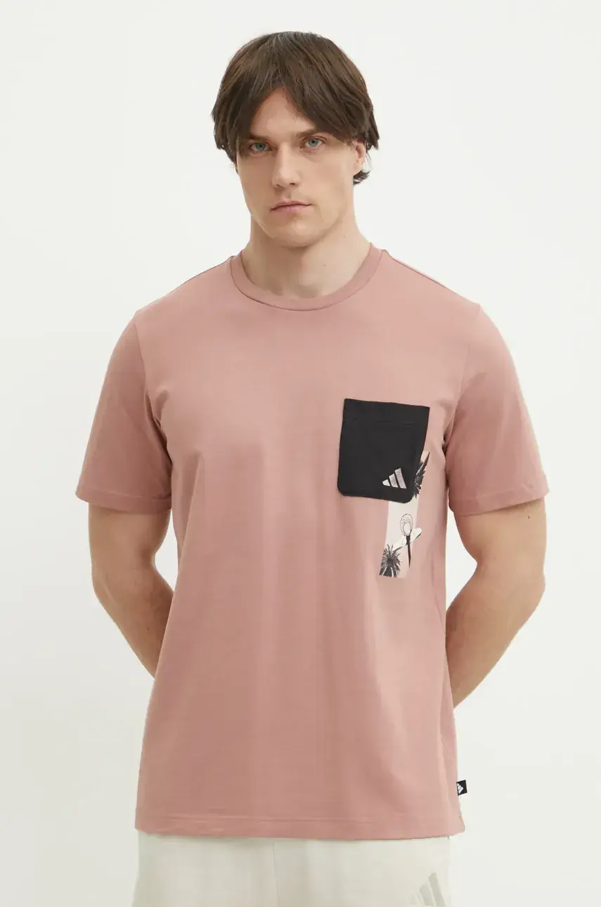 Bavlnené tričko adidas M T LENS PKT T pánske, ružová farba, s potlačou, JJ3927
