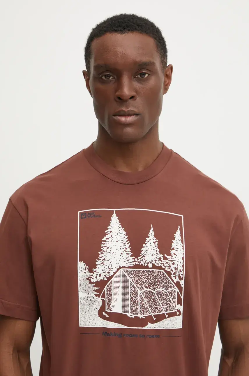 Tričko Jack Wolfskin Freeroamer pánske, hnedá farba, s potlačou, A63860
