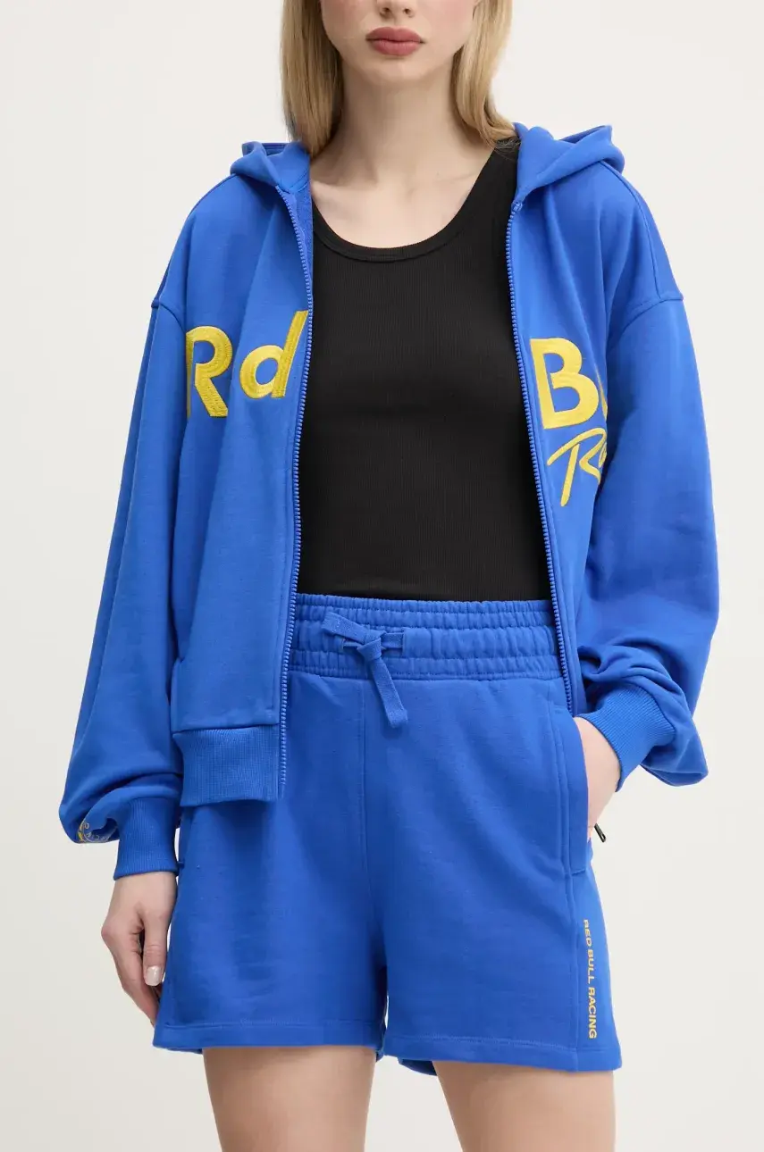 Šortky Red Bull Racing x Pepe Jeans HIGH WAISTED SHORTS dámske, fialová farba, s potlačou, vysoký pás, RL800008
