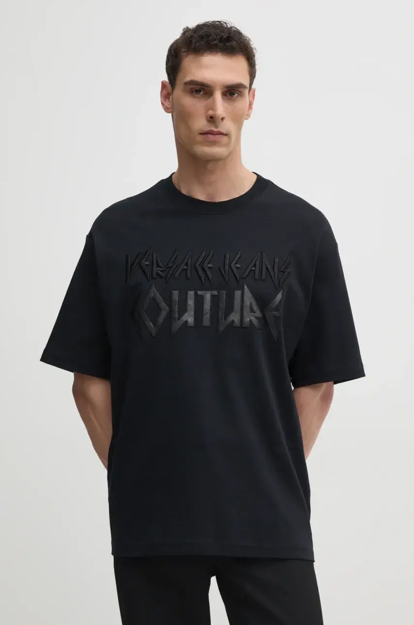 Bavlnené tričko Versace Jeans Couture pánsky, čierna farba, s nášivkou, 78GAHE02 CJ01E