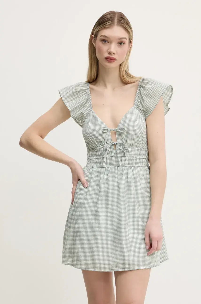 Bavlnené šaty Hollister Co. zelená farba, mini, áčkový strih, KI359-5054