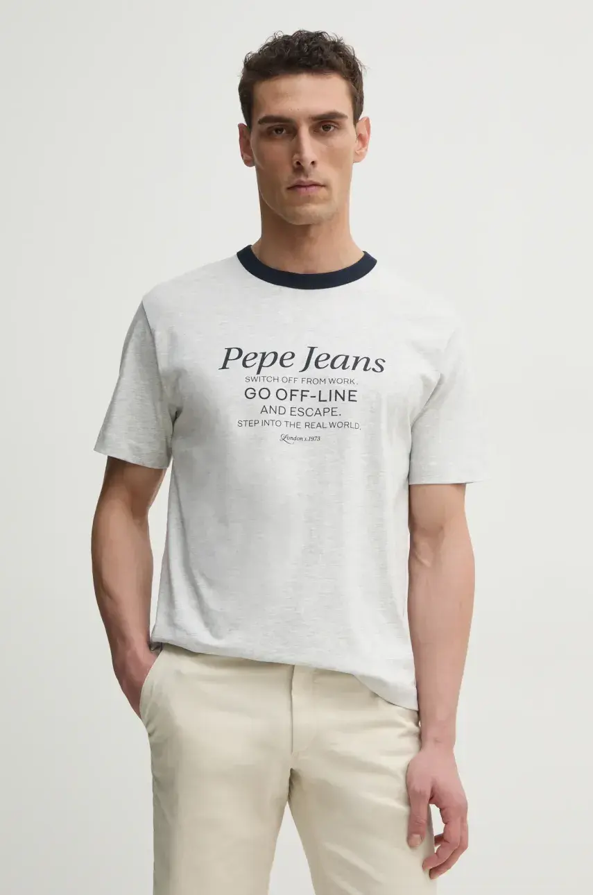Tričko Pepe Jeans PETERSON pánske, šedá farba, s potlačou, PM509801